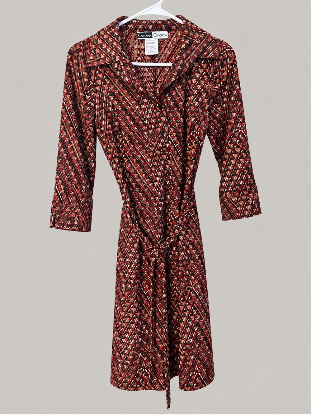 California Concepts Vintage Geometric Print Wrap Dress Burgundy Rust Retro